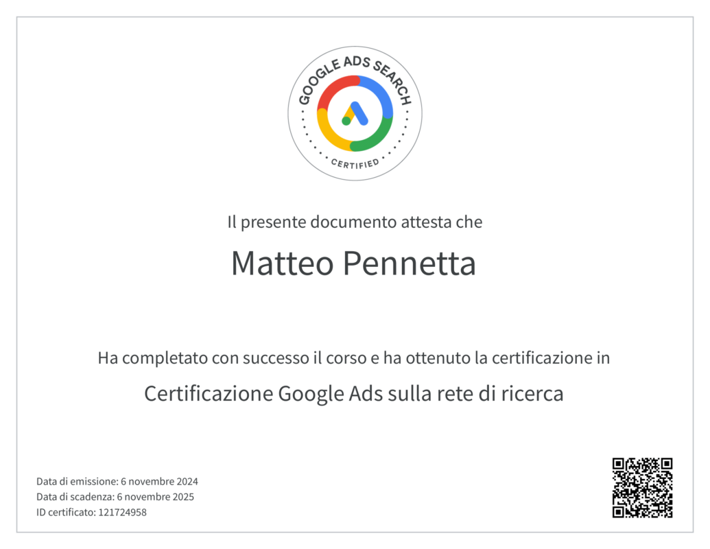 attestato google ads rete di ricerca matteo pennetta